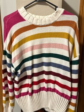 GAP Cream Crewneck Sweater with Multi-Color Stripes